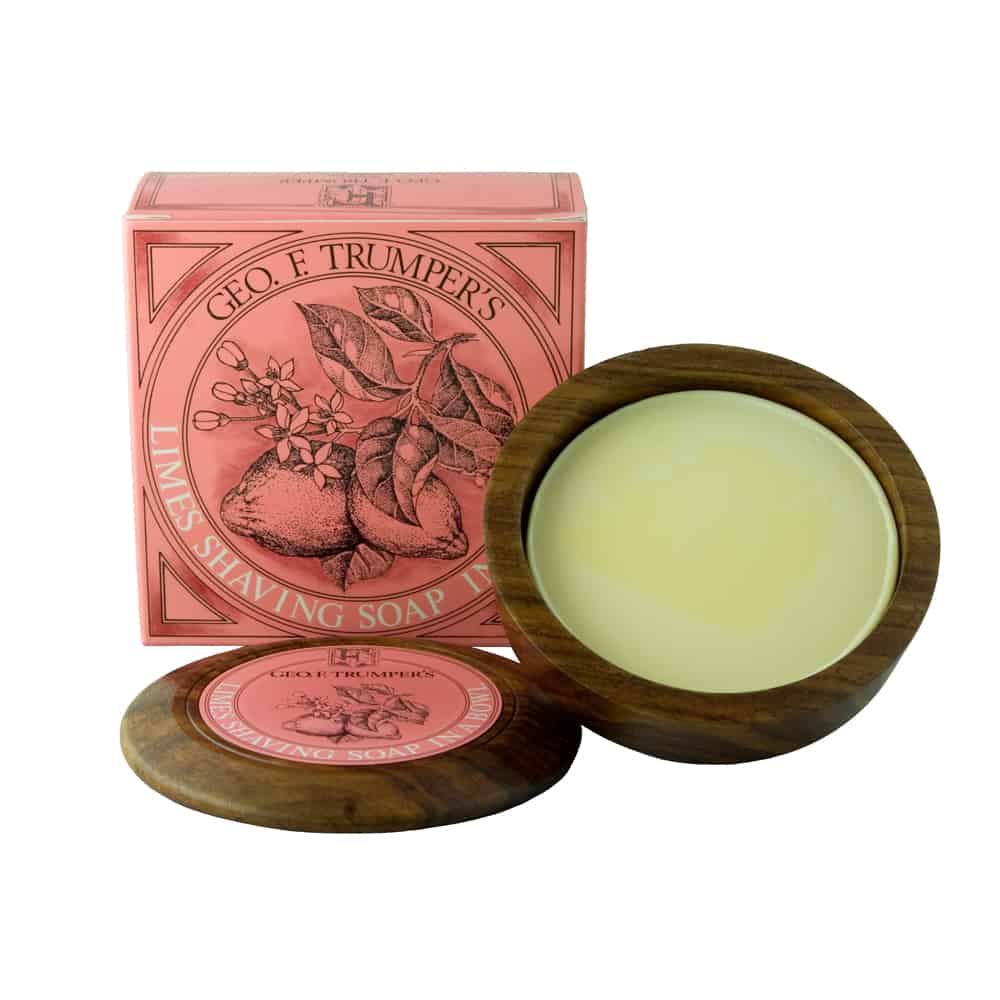 Geo. F. Trumper Limes hard shaving soap in a wooden bowl